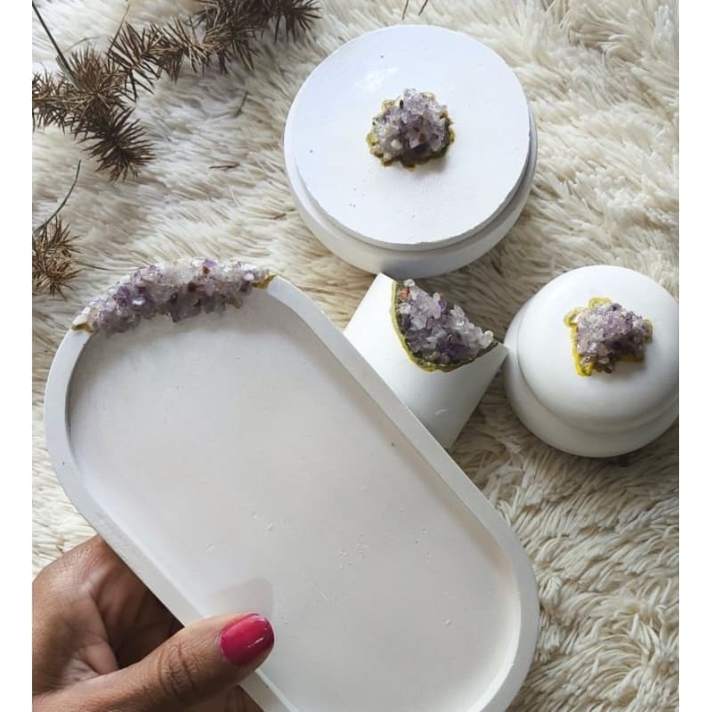Kit Decorativo em Gesso Luxo com Pedras Ametista Natural - 4 Peças