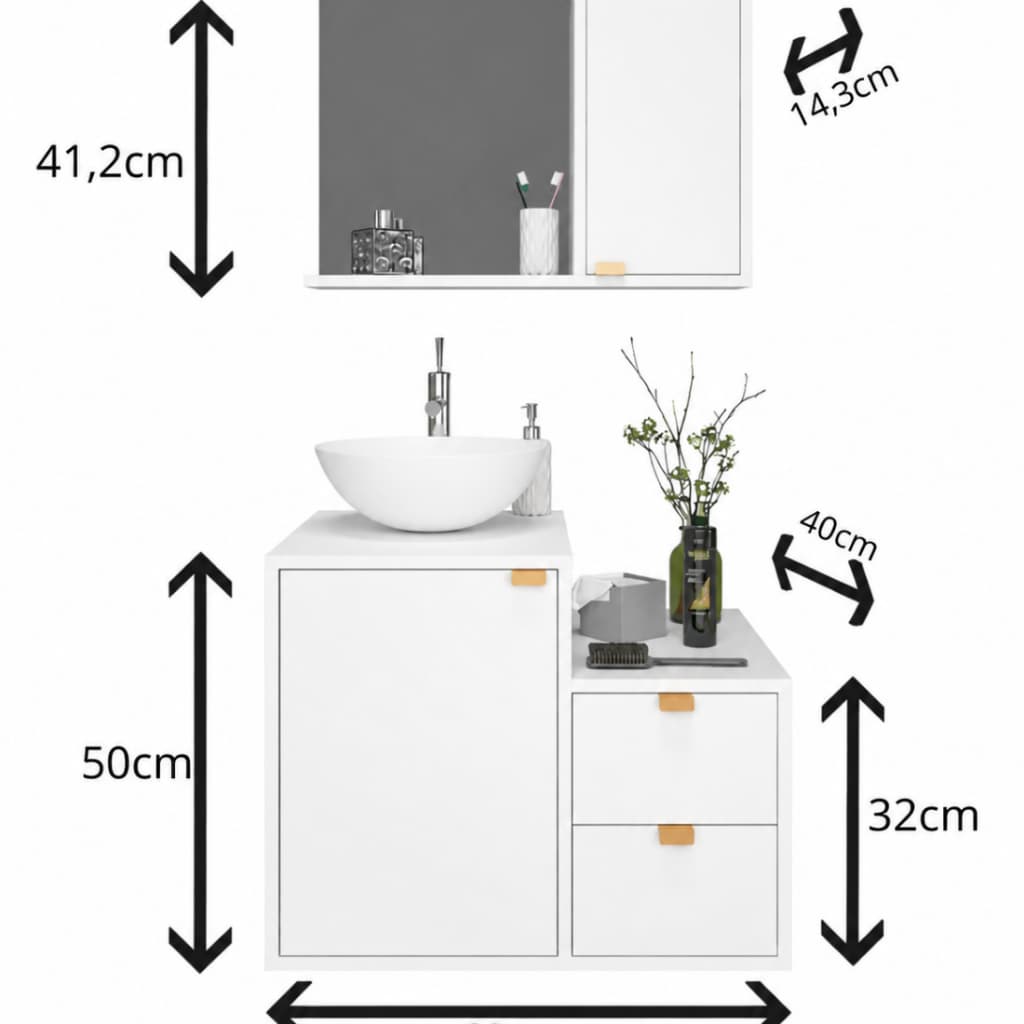 Conjunto Kit Gabinete Suspenso Para Banheiro Completo Luxo Com Cuba E Espelho com 2 Gavetas