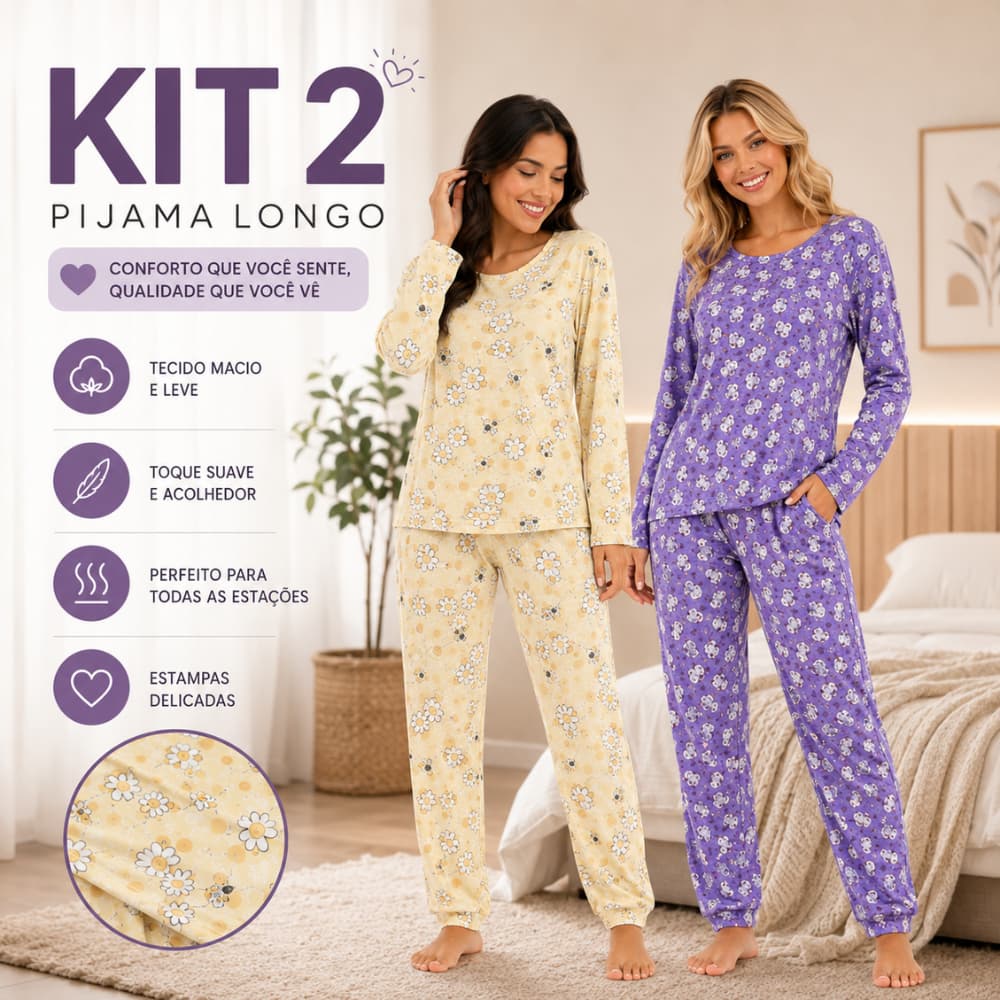 Kit 2 Pijama Longo Feminino De Inverno Suede Macio Quentinho Estampado Adulto Frio Blusa e Calça