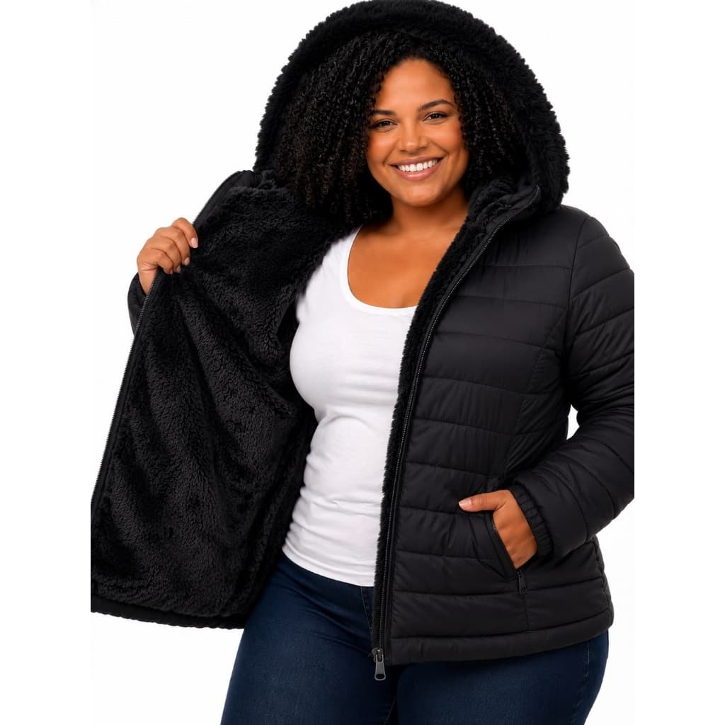 Jaqueta Bobojaco Puffer Feminina Plus Size Peluciada Forrada Capuz Removível G1 G2 G3 G4 Inverno