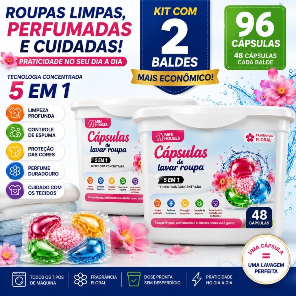 Kit com 2 Baldes Sabão em Cápsulas 96 unidades 5 em 1 | Lava Roupas Floral para Todos os Tipos de Máquina | Limpeza Prof