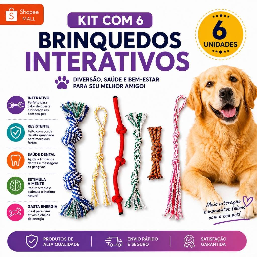 Brinquedo Corda 6 UN Nó Crochê Brinquedo Mordedor RESISTENTE  PET CACHORRO DENTAL BONE PELUCIA INTERATIVO