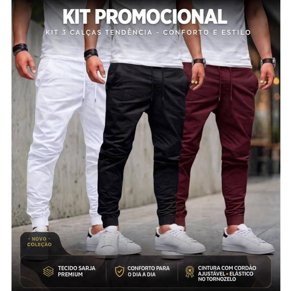 Kit 3 Calças Jogger Do Jeans ao Camuflado Coleção de Calças Jogger Sarja