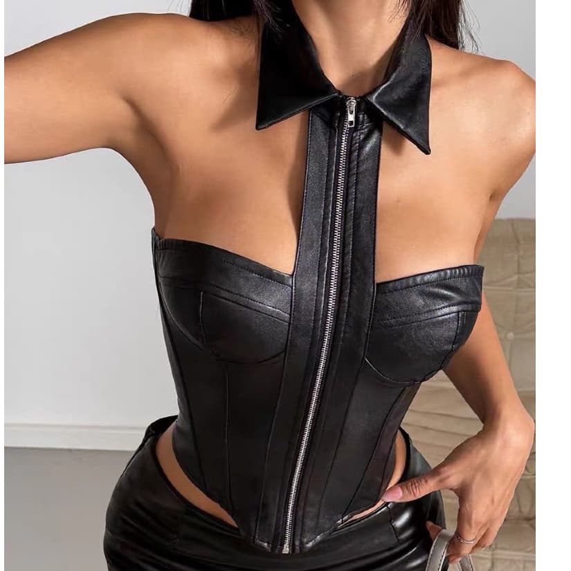 Corset Couro com Bojo Zíper Frontal e Gola