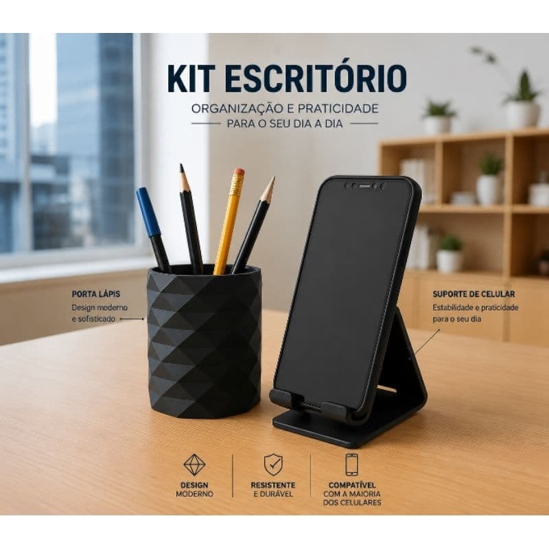 Kit Escritório 2 em 1 – Porta Lápis + Suporte para Celular