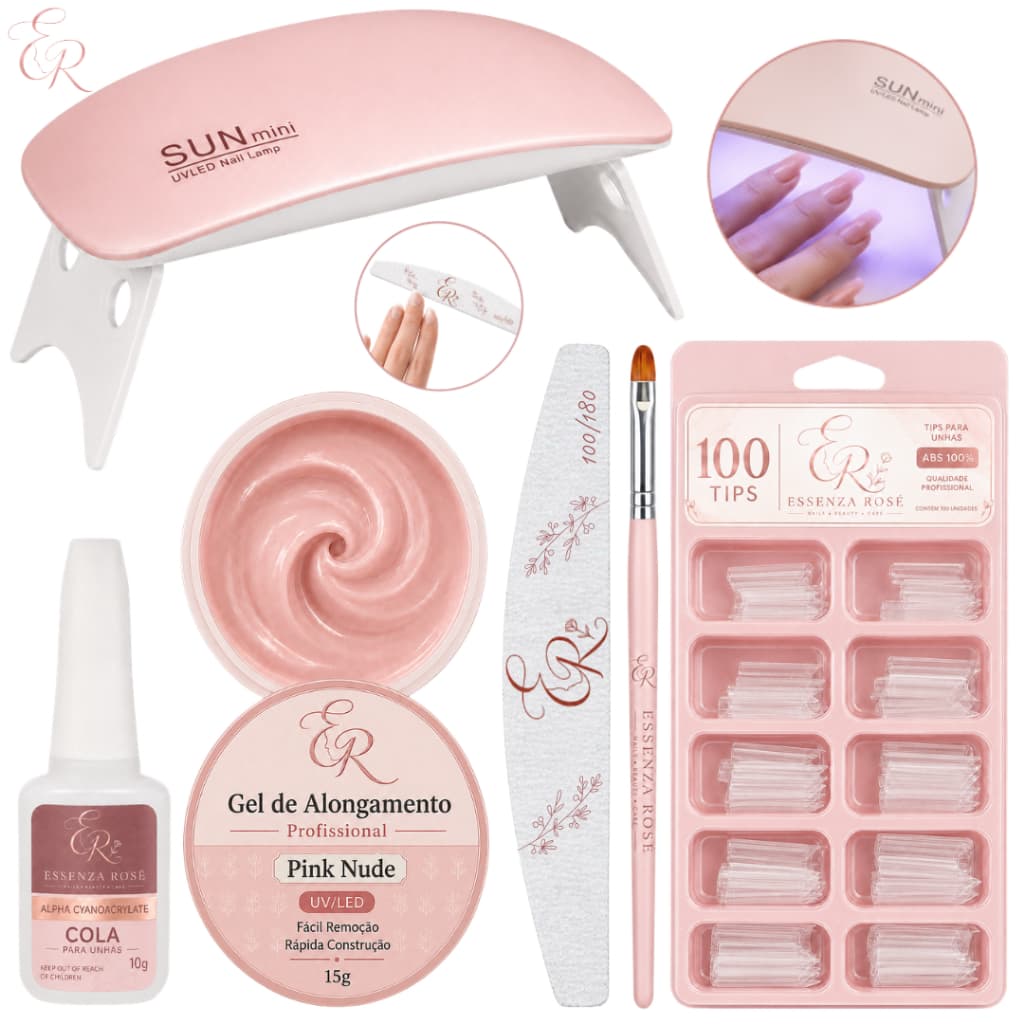 Kit Alongamento Gel + 100 Tips + Lixa + Mini Cabine De Unha + Pincel + Cola