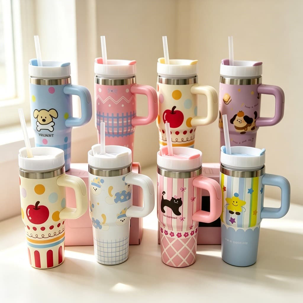 Garrafa Térmica Infantil 420ml em Aço Inoxidável com Canudo, Alça e Tampa com Desenho de Cachorro, Ideal para Crianças
