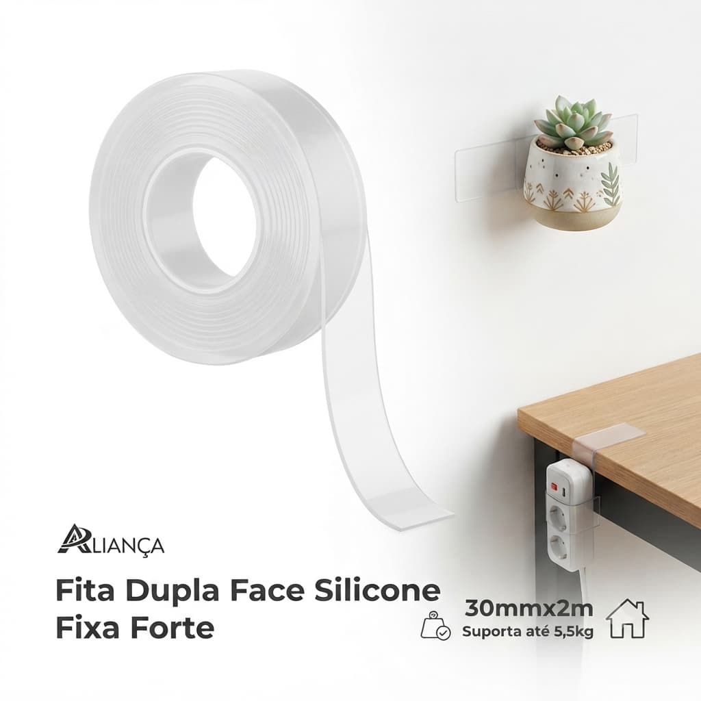 Fita Adesiva Magica Dupla Face Transparente Extra Forte Lavável Gel Auto Colante Cola na Parede Móvel 2m X 30mm