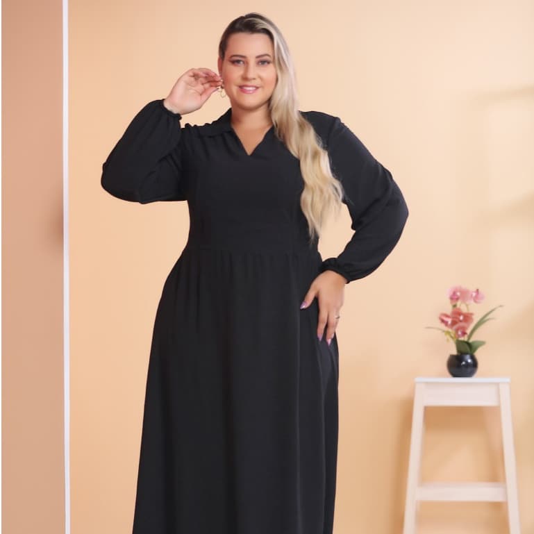 Vestido Longo Plus Size Manga longa Gola Colarinho/COD:V57