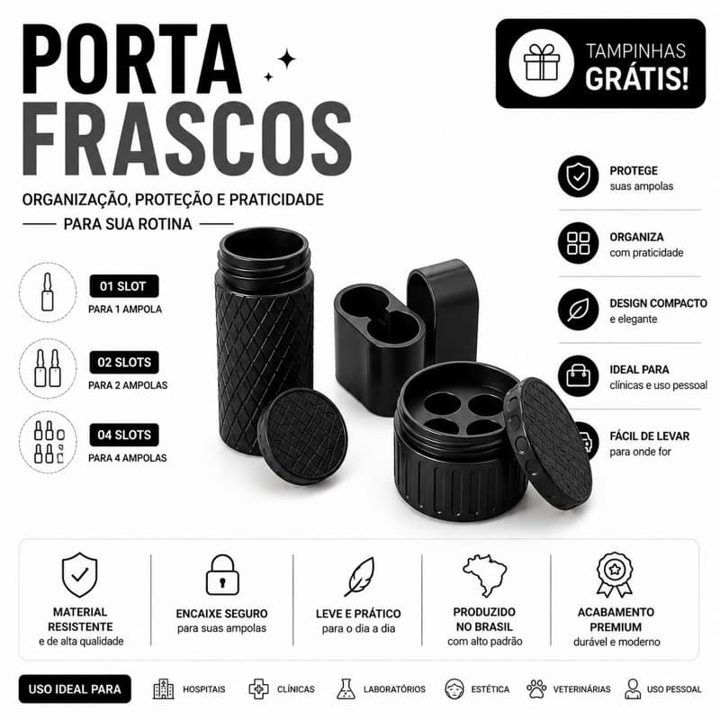Porta Ampolas até 4 Compartimentos – Organizador com Tampa Rosqueável | Impressão 3D