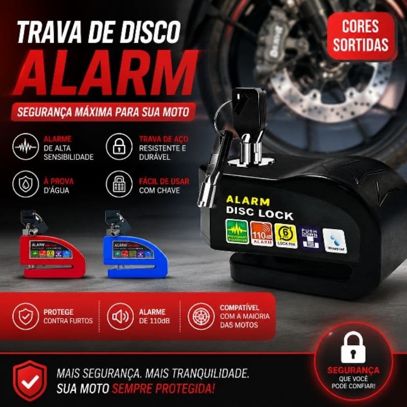 Trava Cadeado Disco De Freio Com Alarme Antifurto Para Moto - (Cores Sortidas)