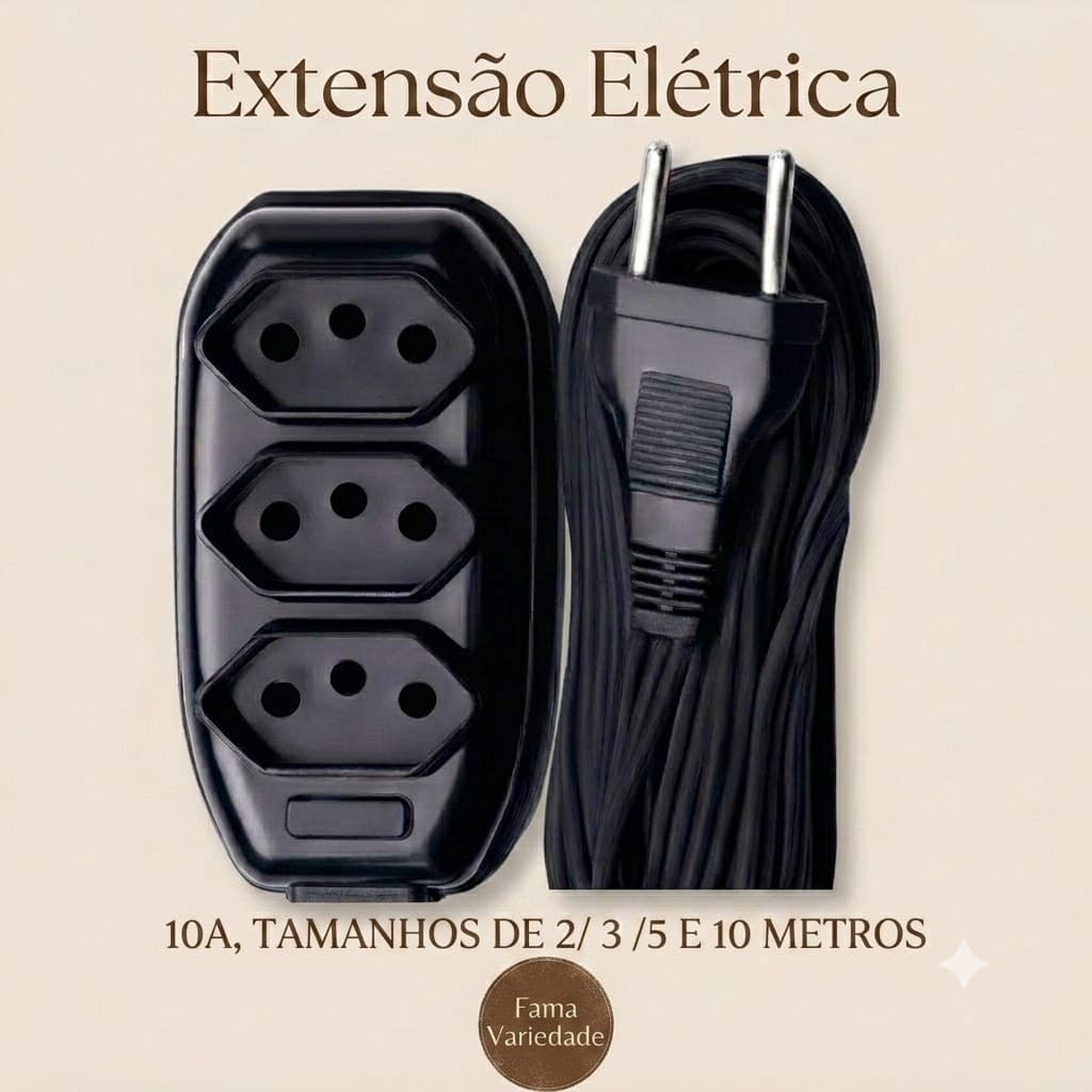 Extensão Elétrica Bivolt 10A Preta 2 Metros 3 Metros 5 Metros 10 Metros Fio Paralelo
