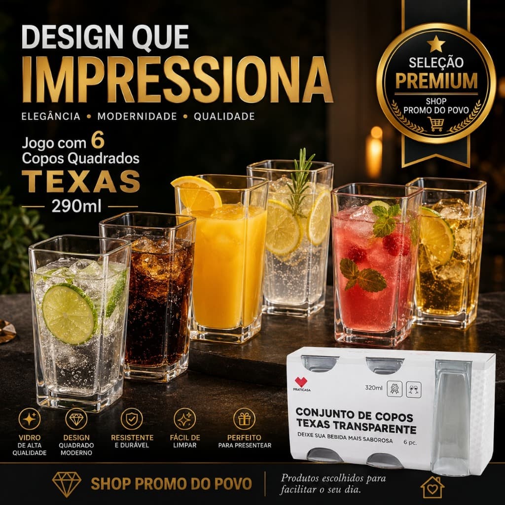 Jogo 6 Copos Quadrados Texas Vidro 290ml | Copos Modernos para Água, Suco, Refrigerante, Drinks e Mesa Posta