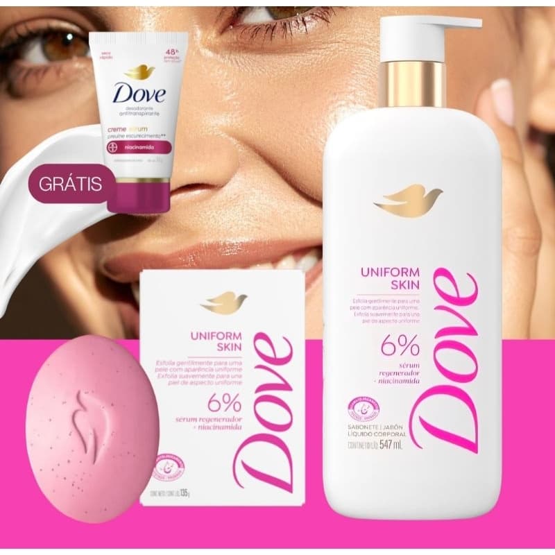 Kit Dove Uniform Skin – Sabonete em Barra + Sabonete Líquido com Niacinamida + Creme Antitranspirante Dove