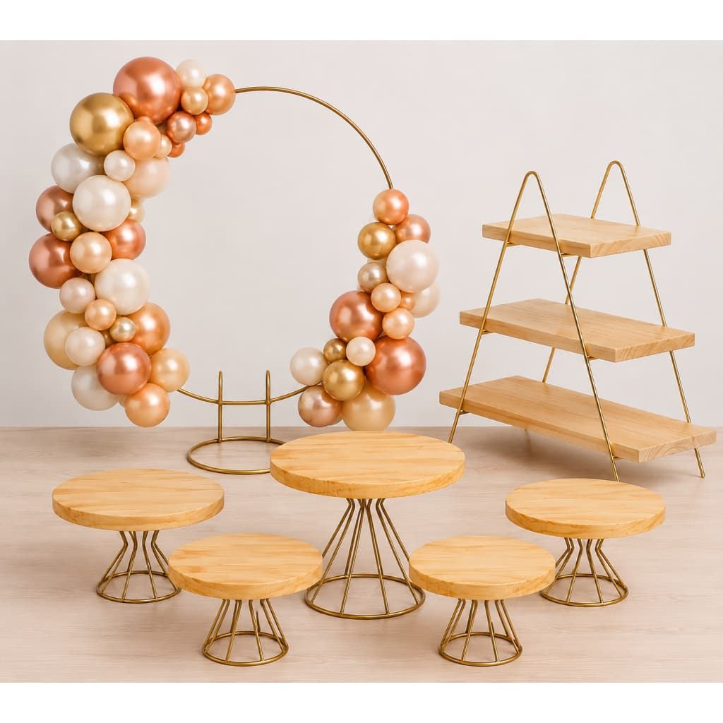 Kit Completo com 5 Boleiras Decorativas + Mini Arco + Doceira Escadinha Para Aniversário Festas Eventos