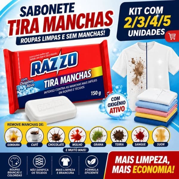Sabão Barra Tira Manchas De Roupas Tecidos Colorida Branca Razzo 2 3 4 E 5 Unidades