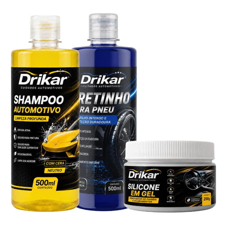 Kit Automotivo Shampoo com Cera 500ml + Pretinho para Pneu 500ml + Silicone em Gel 250g Drikar