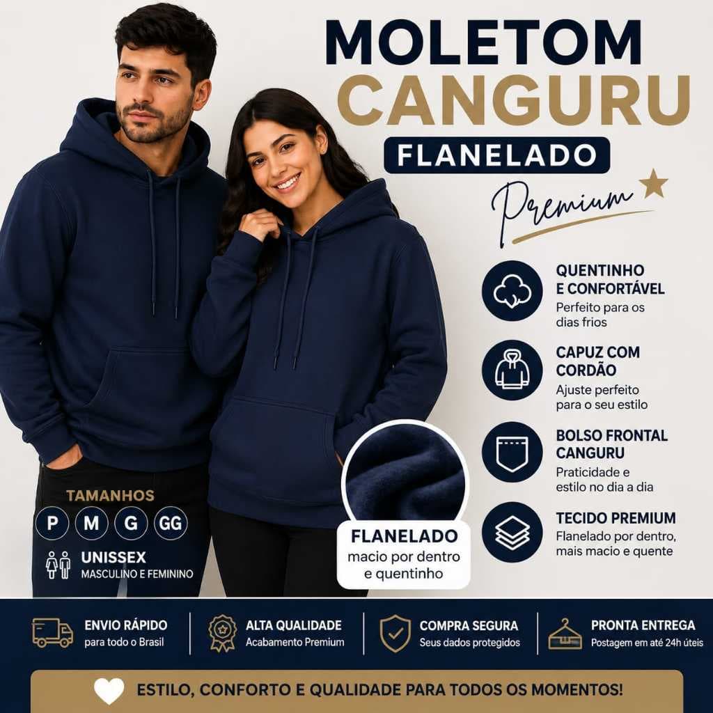 Moletom Canguru Unissex Azul Marinho Flanelado com Capuz Inverno Premium Pronta Entrega