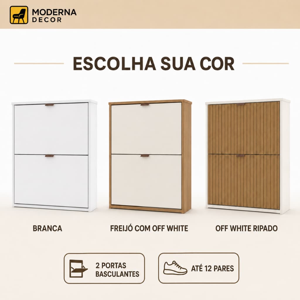 Sapateira Madri 2 Portas Basculantes Branca Compacta Organizadora de Calçados para Quarto e Entrada