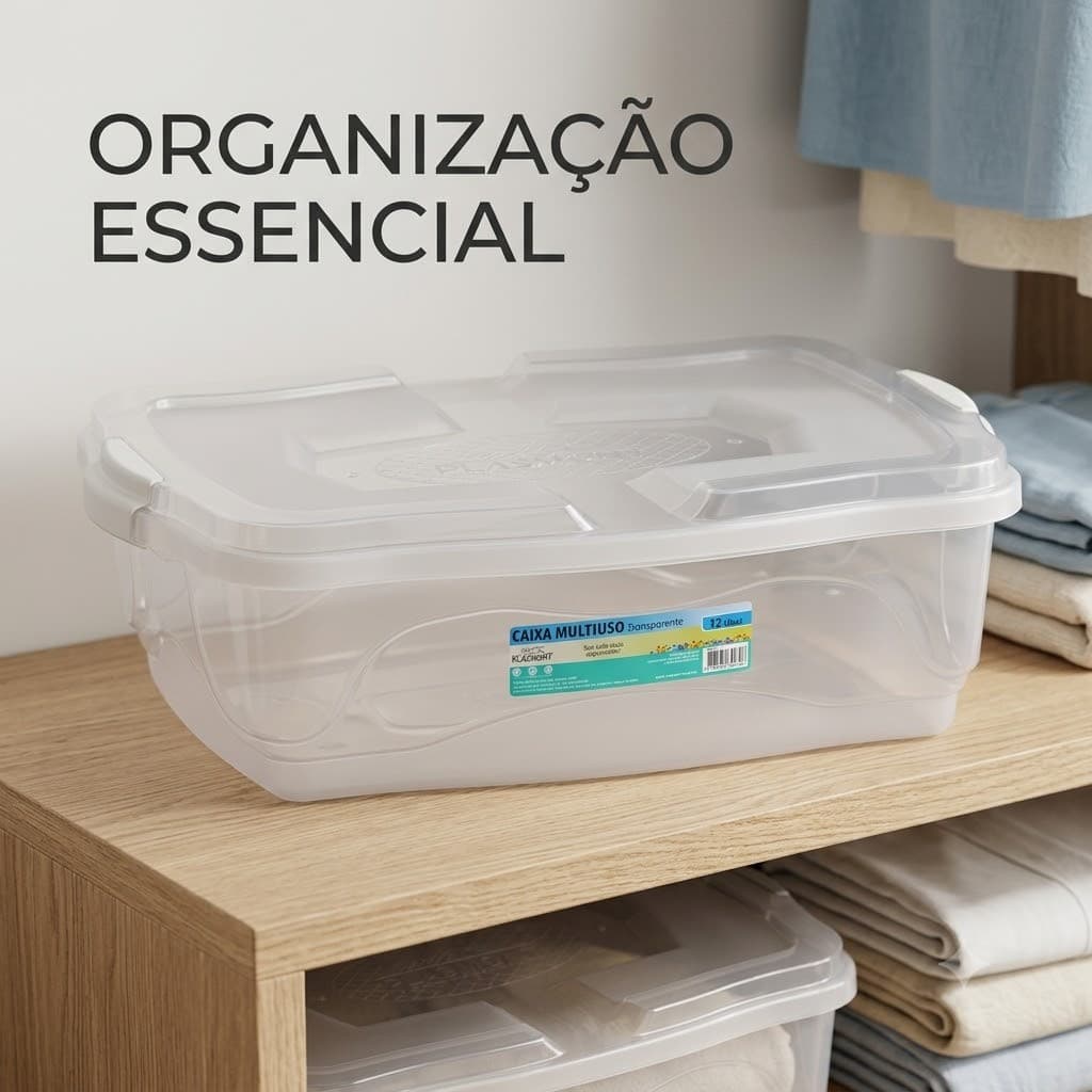 Kit Caixa Organizadora Plástica 12Litros Transparente Plástico Durável Organização Doméstica