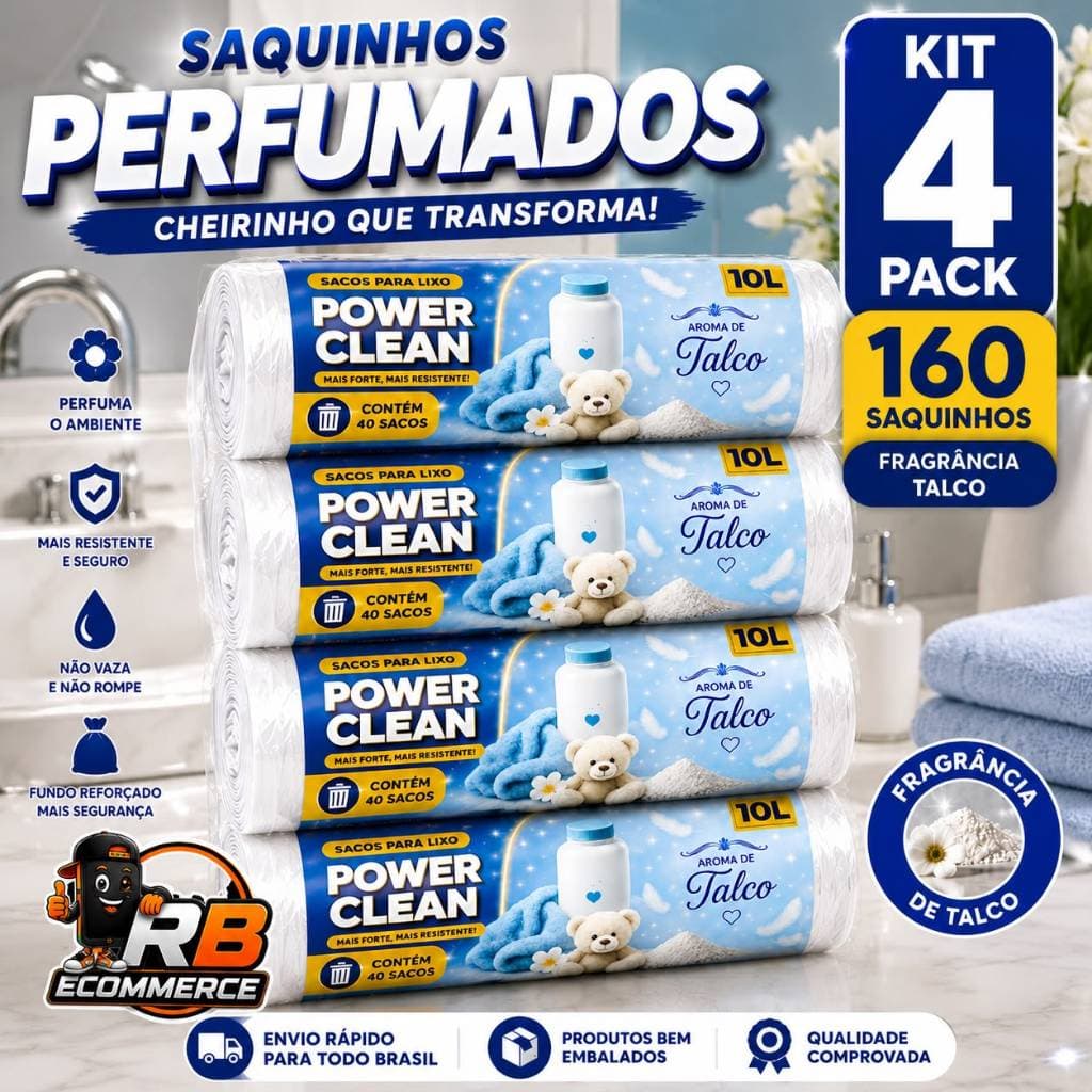 Kit 4 Pack Saco de Lixo Perfumado Talco 10L 160 Sacos Reforçados Pia Banheiro Antiodor
