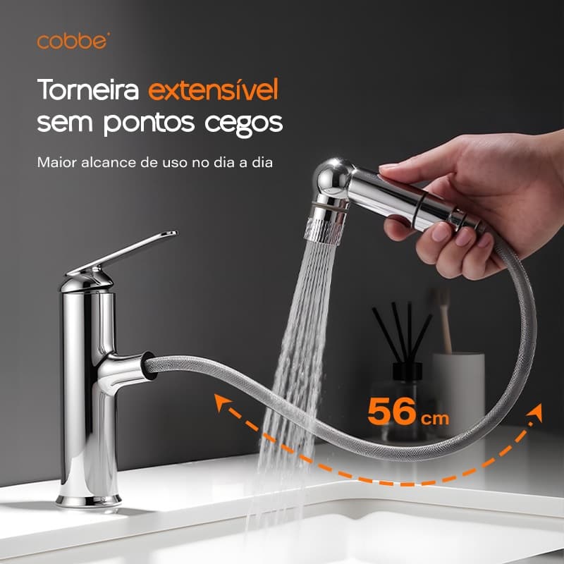 Torneira Retrátil Monocomando Para Banheiro Quente e Fria Bica Flexível Design Gourmet Heemli