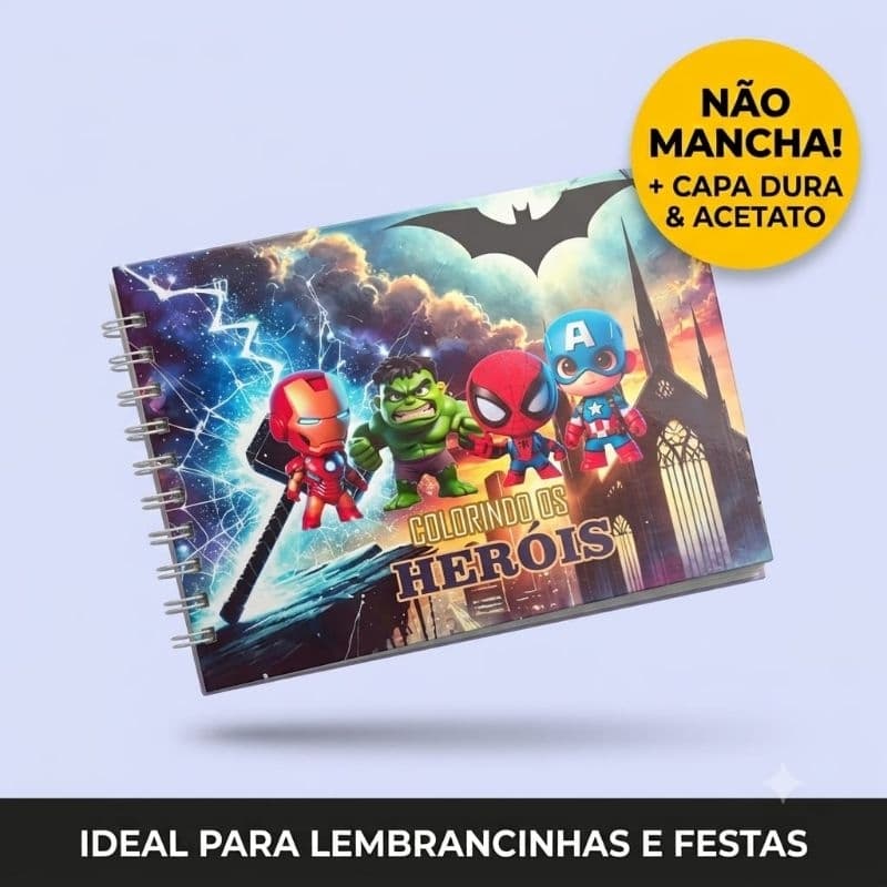 Livro de Colorir Super-Heróis A5 Capa Dura 50 Folhas Grossas com Acetato com ou sem Nome