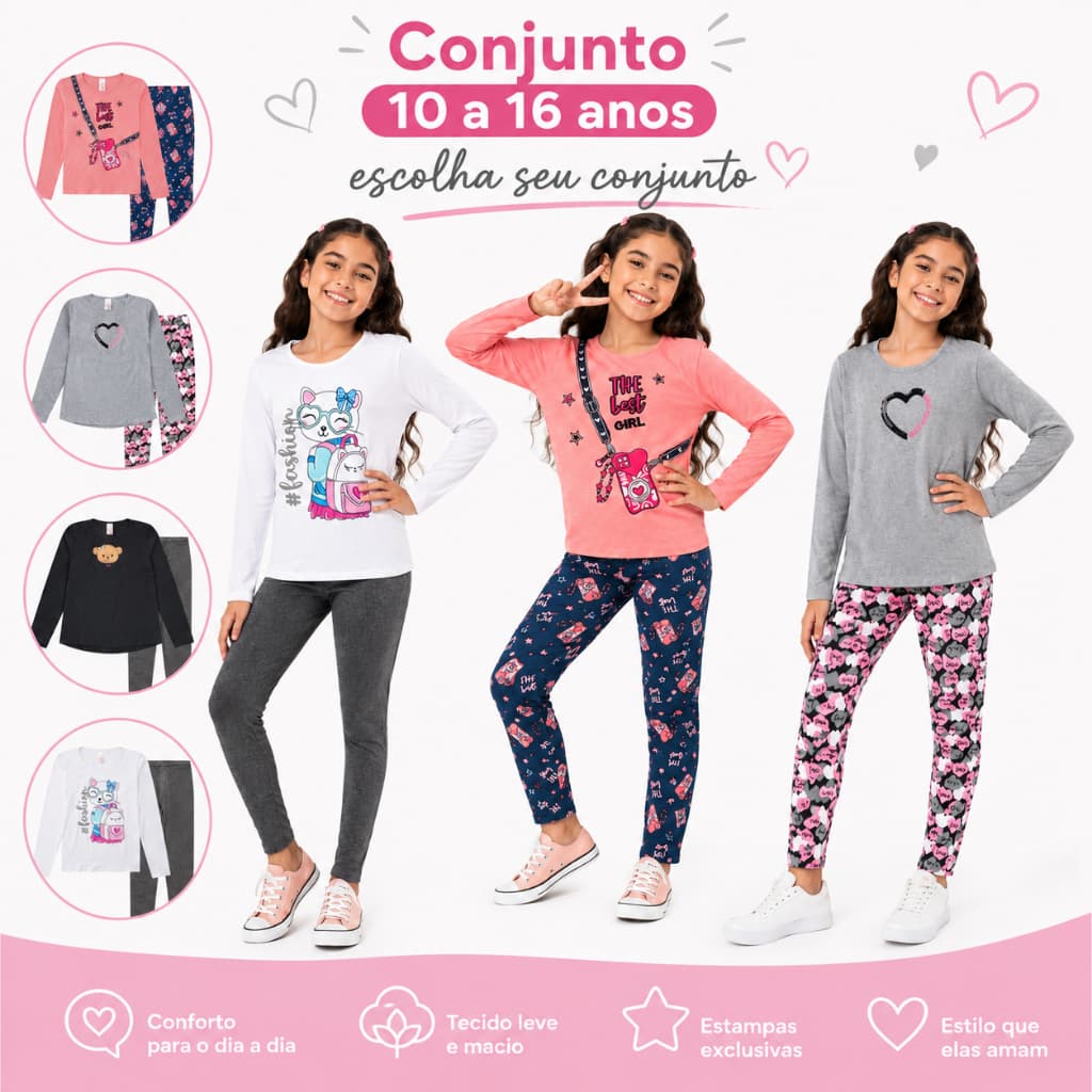 Kit 2 Peças Feminina Inverno Meia Estação 10 a 16 anos 1 Blusa Manga Longa e 1 Leg