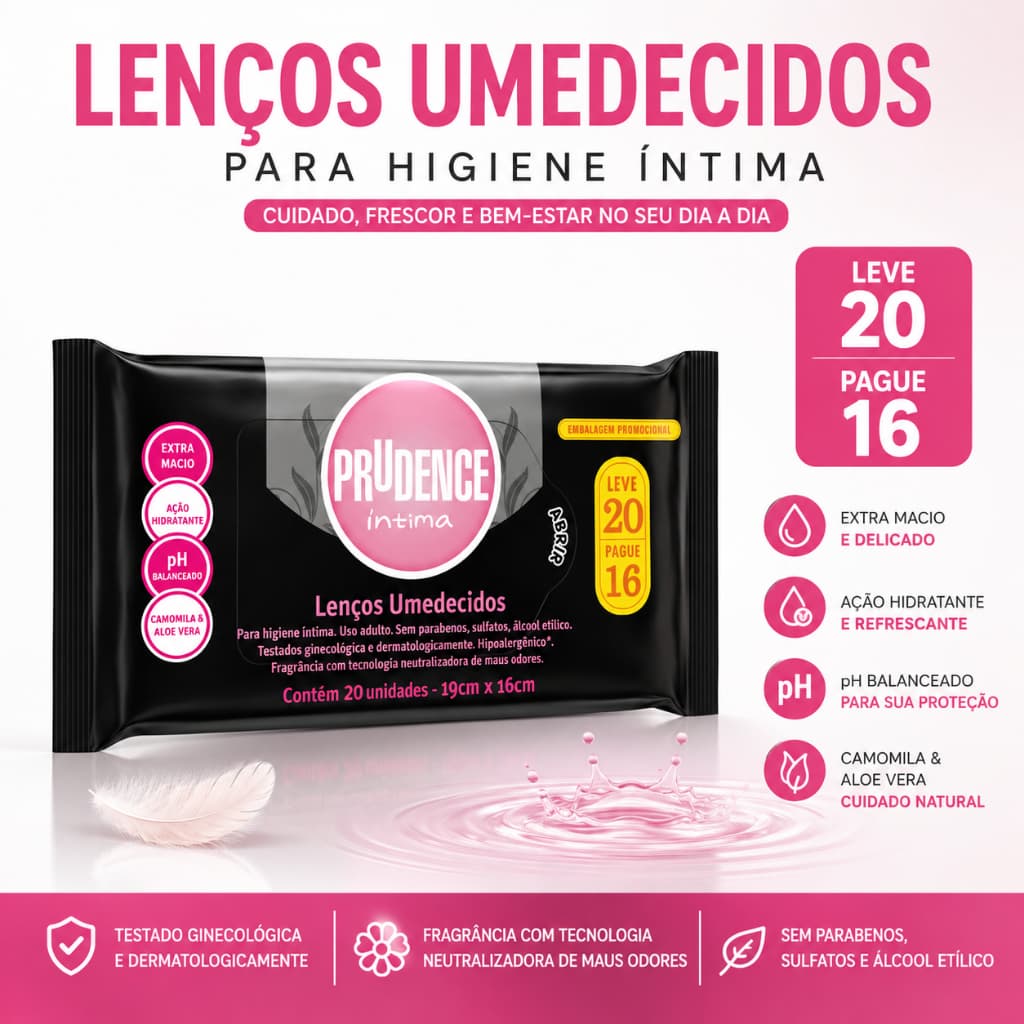 Lenço Umedecido Prudence Íntima com 20 unidades