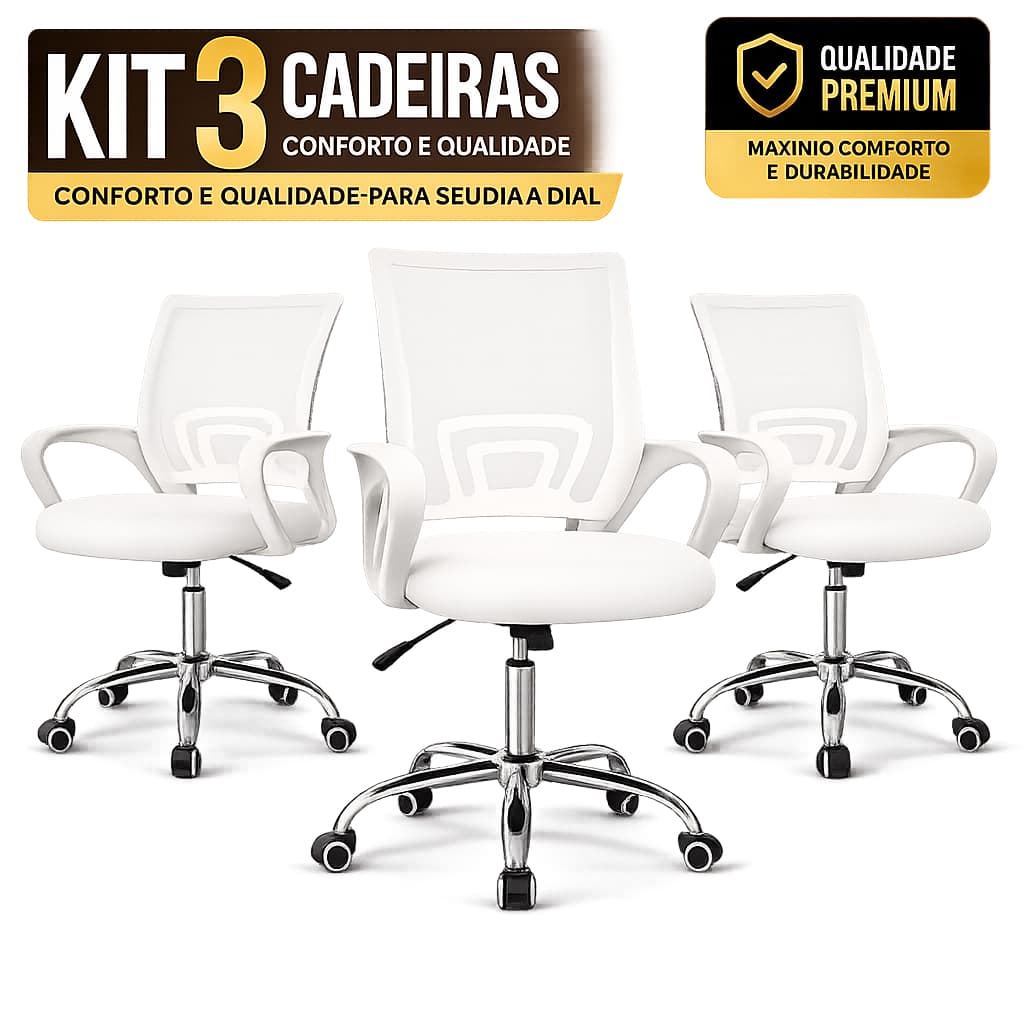 Kit até 3 Cadeira Branca Diretor Escritório Giratória Moderna elegante em Tela Mesh Até 120kg NR 17