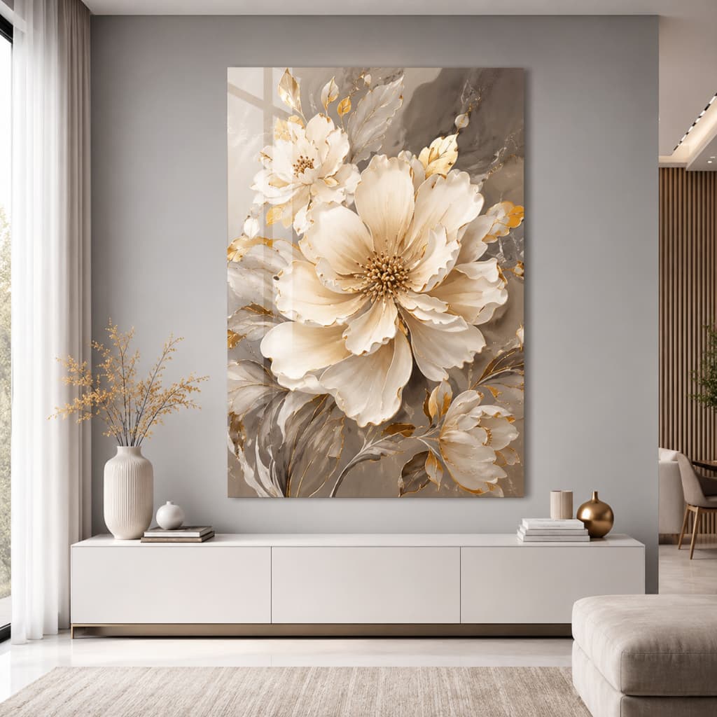 Quadro Decorativo Floral Elegante com Flores Brancas e Detalhes Dourados para Sala