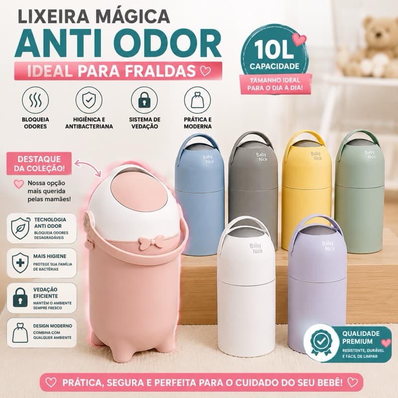 Lixeira Mágica Anti Odor/Antibacteriana - Fraldas Bebê Saco de Lixo Grande Rosa ,Azul, Branco, Verde e Cinza.