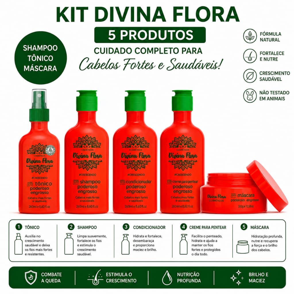 Kit Capilar Divina Flora + Tônico Fortalecedor — Estímulo ao Crescimento, Raiz Strong e Anti-Quebra
