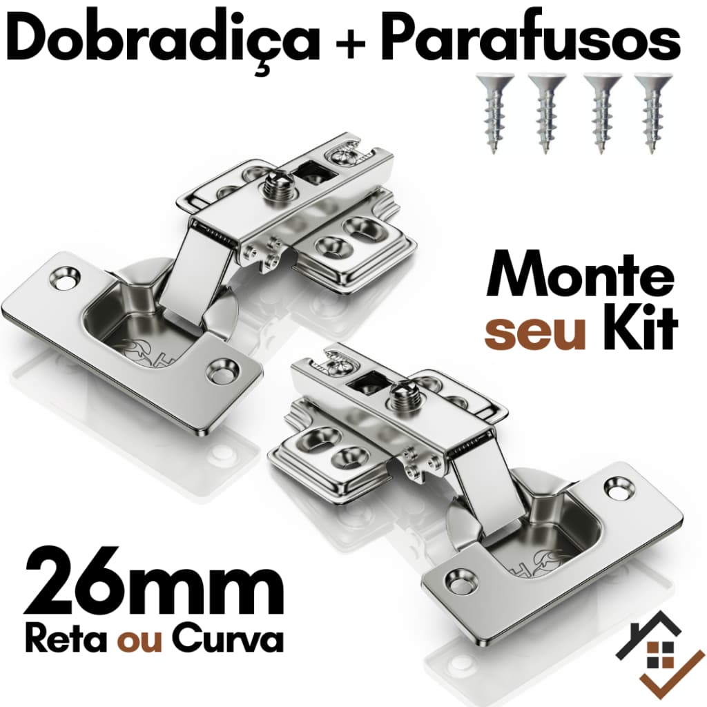 Dobradiça para Moveis 26mm Kit Dobradiças Reta e Curva p Armario Guarda Roupa Marcenaria c Parafuso