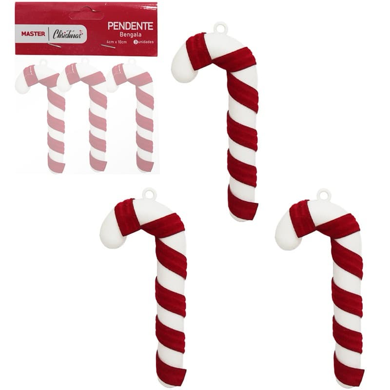 PENDENTE BENGALA DE NATAL COM 3 PECAS 10X4CM