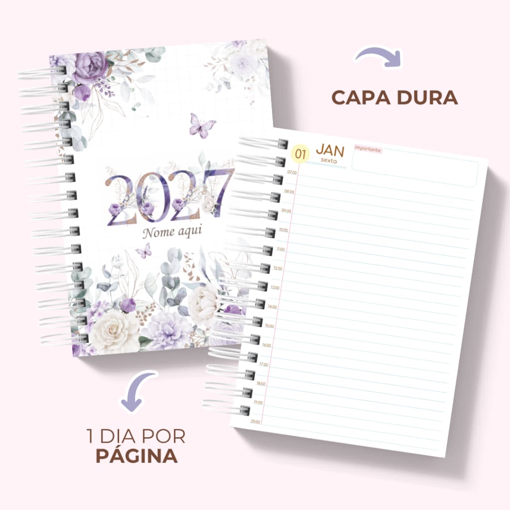 Agenda Feminina 2027 Personalizada com Nome e Capa Dura Horários para Organização e Anotações
