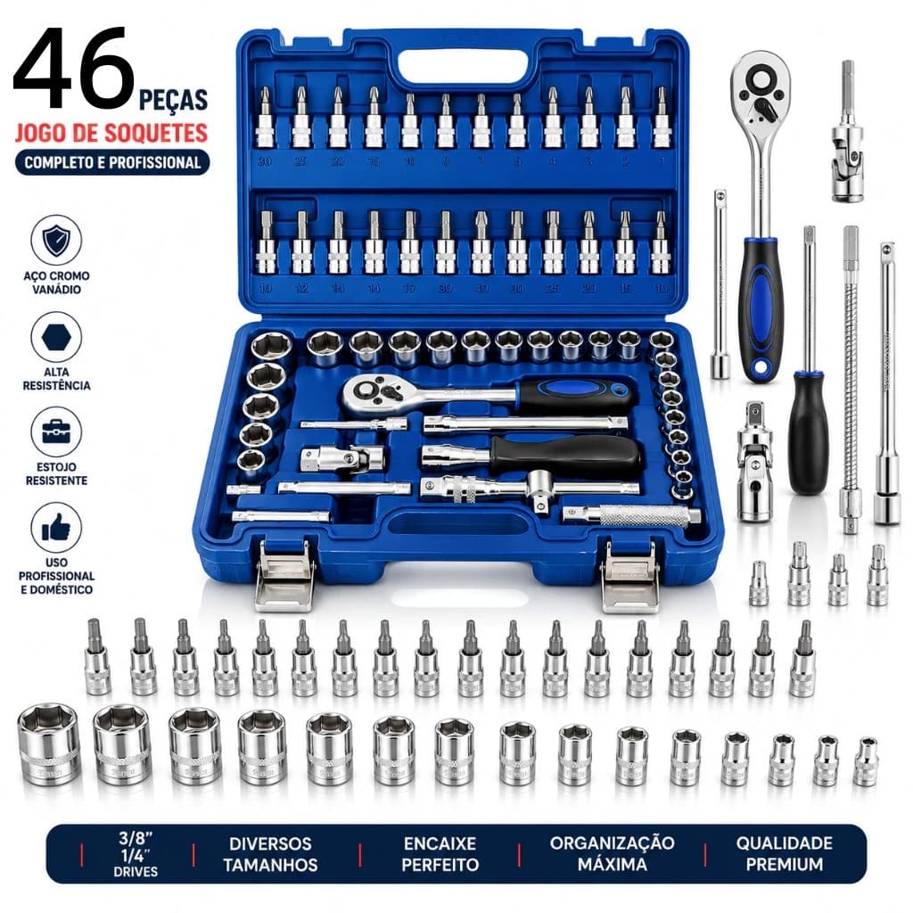 Kit 46 Peças Chave Catraca Jogo Soquetes Allen Torx Ferramentas Profissional Completo RBG
