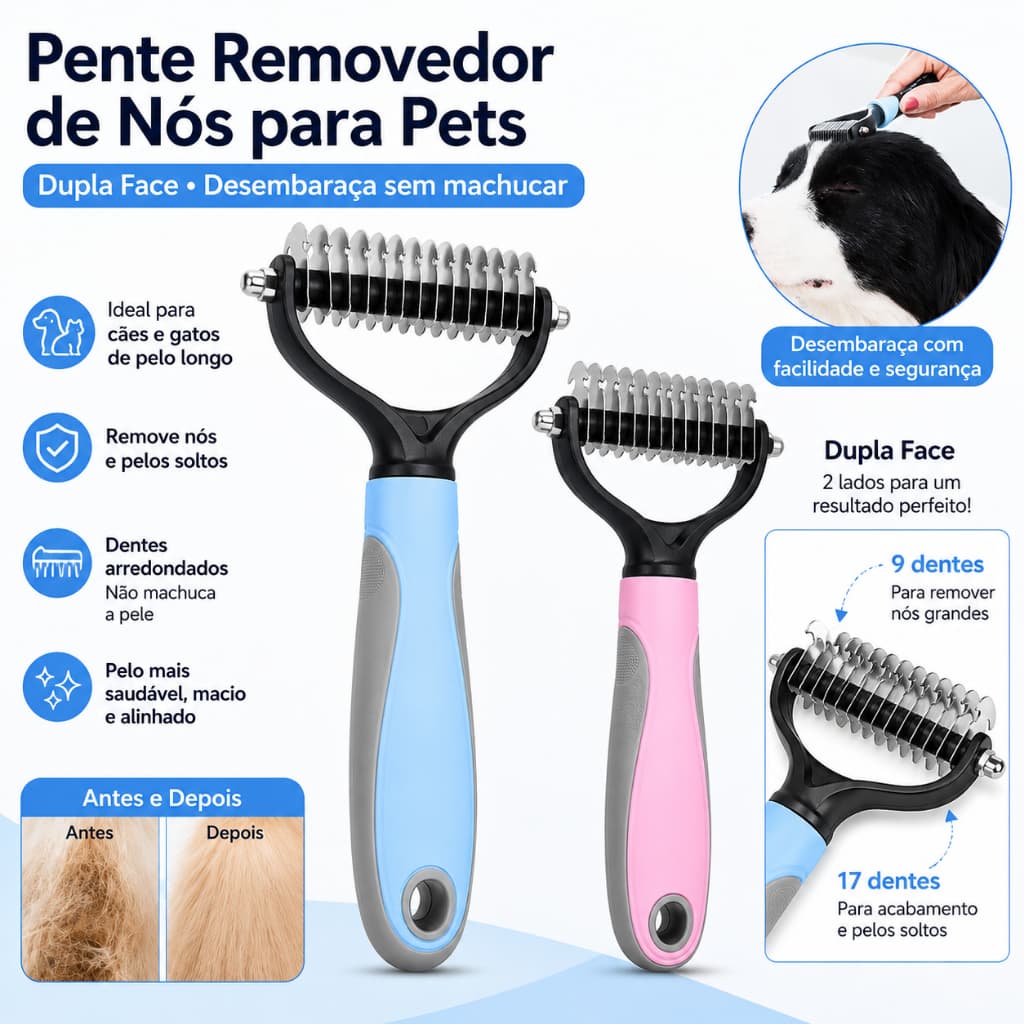 17 Dentes Escova Dupla Face Tira Pelos Pet com Desembaraçador e Pente para Cães e Gatos