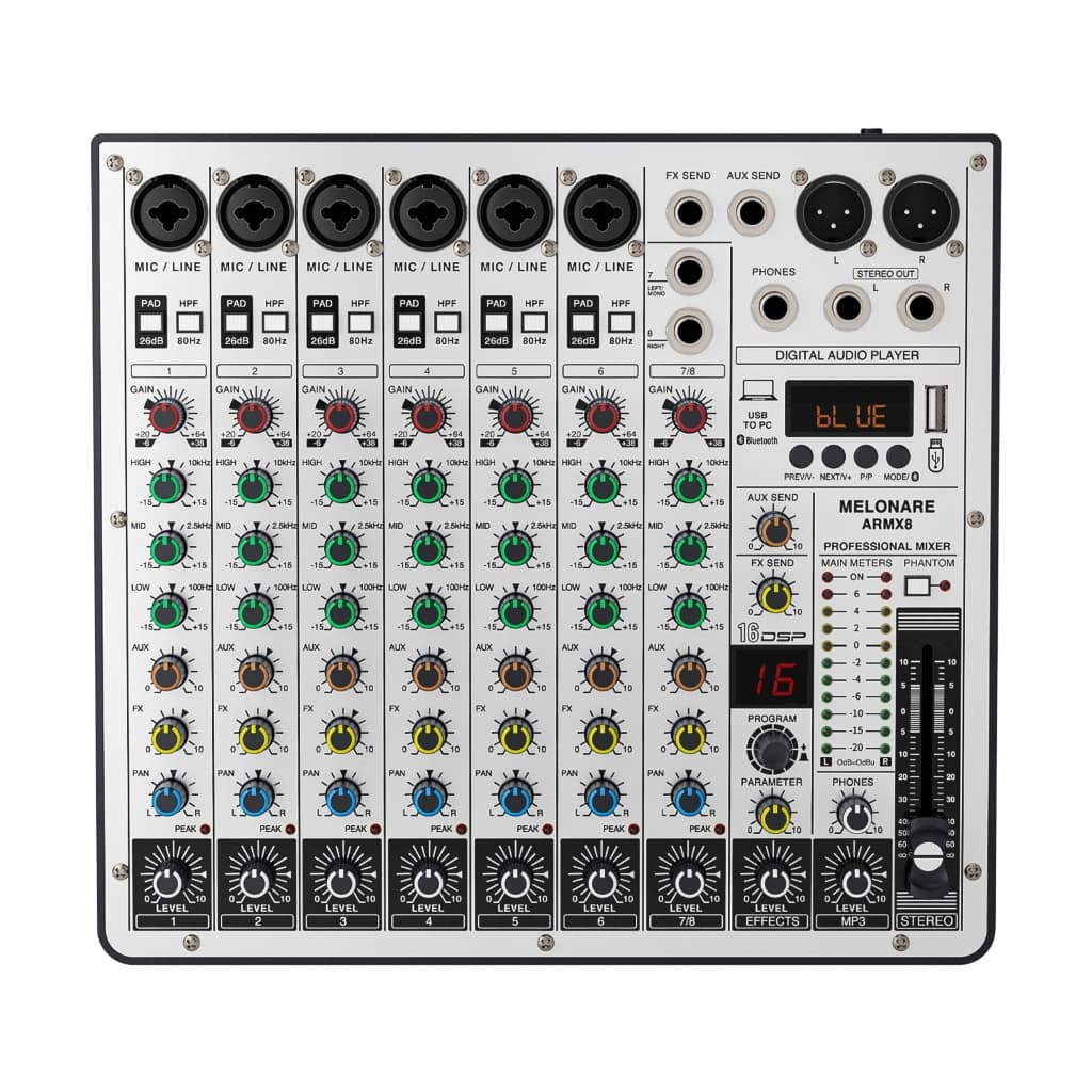 MELONARE ARMX-8 Mixer de áudio de 8 canais DJ Interface de áudio USB Função Bluetooth 16 efeitos DSP