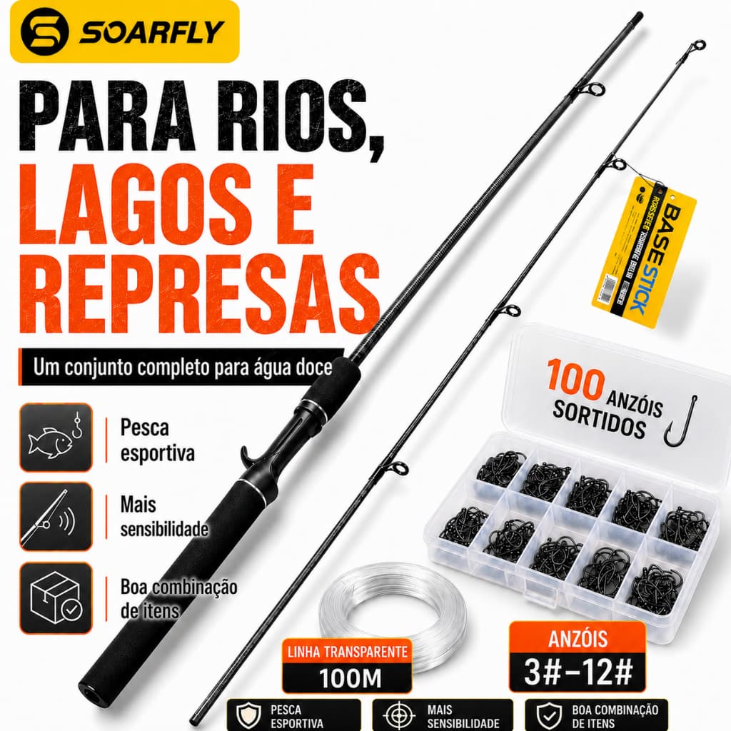 SOARFLY Kit de Pesca para Carretilha com Vara Casting 1,8m, Linha Transparente 100m e 100 Anzóis #3 ao #12