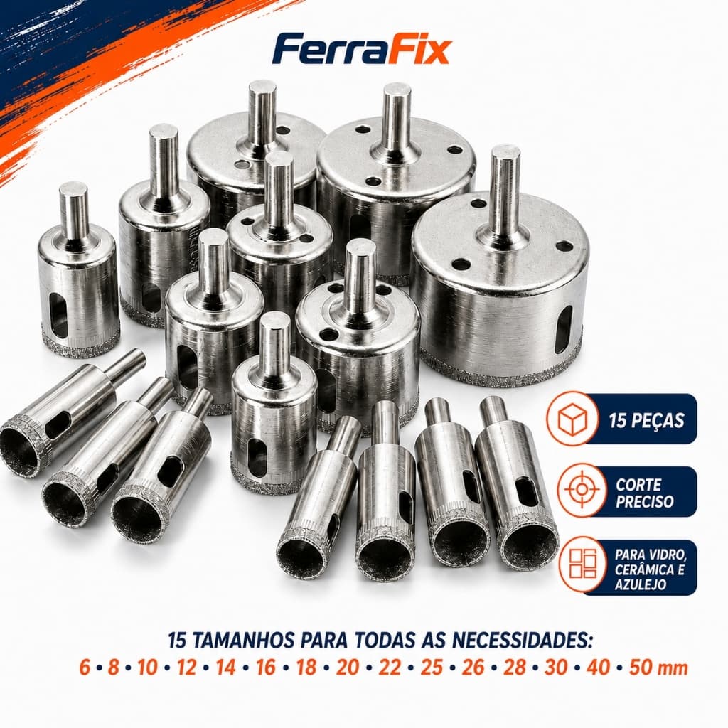 Kit 15 Brocas Serra Copo Diamantadas 6-50mm para Vidro Cerâmica Azulejo Granito FerraFix