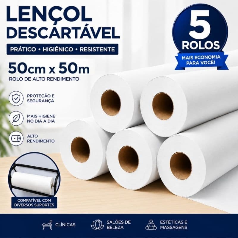 Kit 5 Lençóis Descartáveis para Maca 50cm x 50m Papel Branco Clínicas Estética Massagem Alto Rendimento33