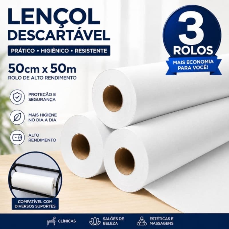 Lençol de Papel Descartável para Maca 50cm x 50m Kit 3 Rolos branco34