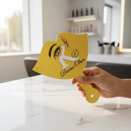 ESPELHO DE MÃO PERSONALIZADO COM LOGOMARCA • ACRÍLICO BRILHOSO 17x15cm
