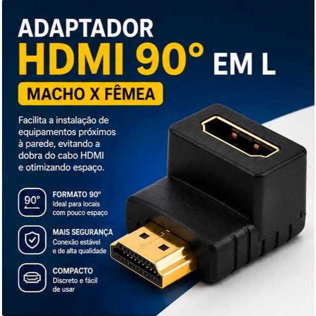 Adaptador HDMI 90 Graus em L Macho x Fêmea HDMI 1.4 para TV e Parede