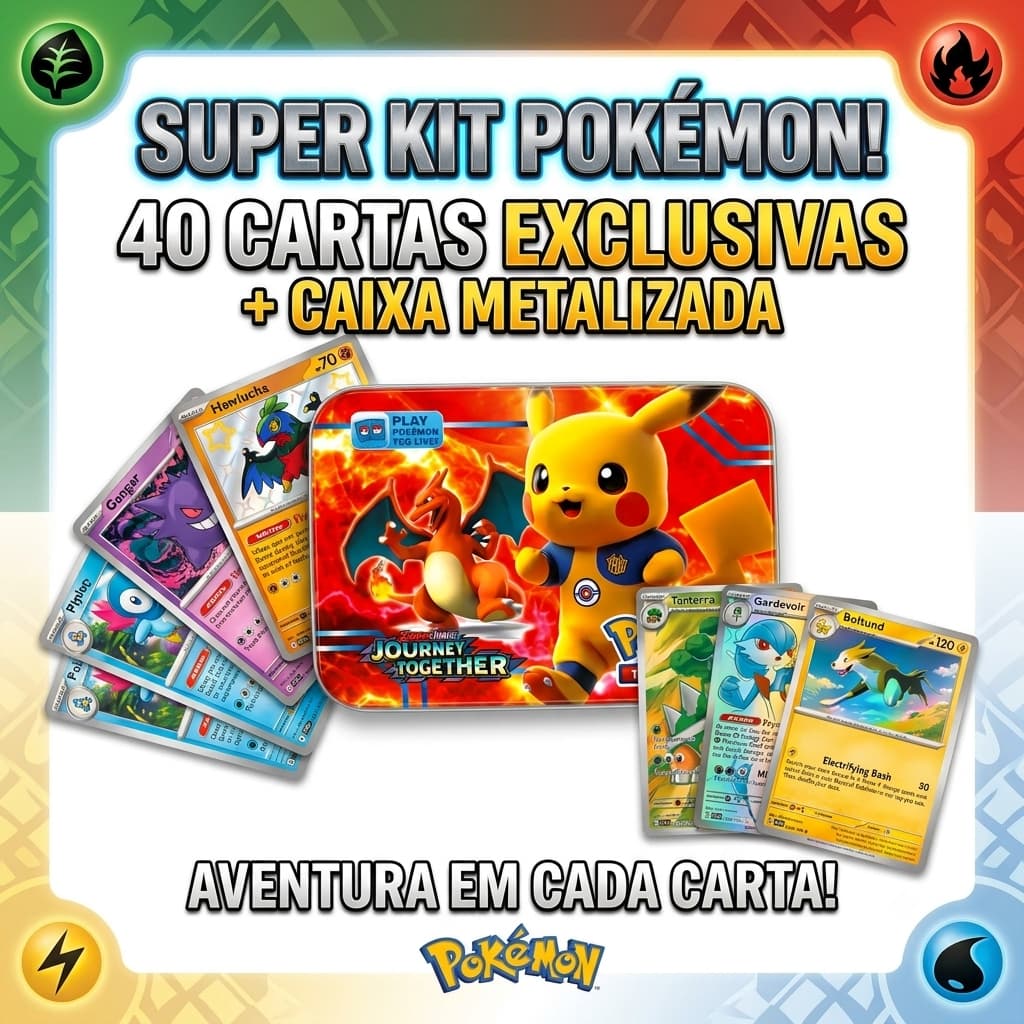 Mega Kit com 40 Cartas Pokémon + Caixa Metalizada Coleção Especial