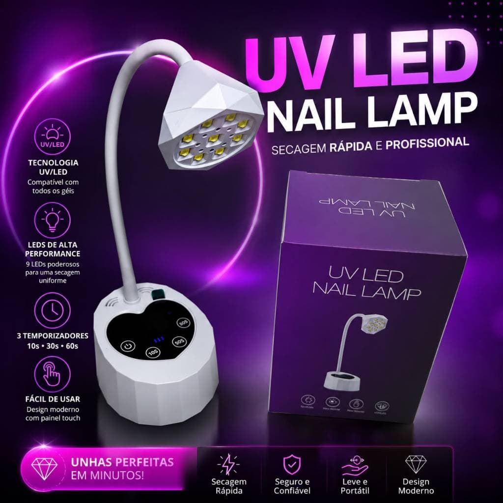 Luminária UV LED Flexível para Unhas – 9 LEDs | Secagem Rápida para Gel, Fibra e Polygel | Temporizador 10s/30s/60s