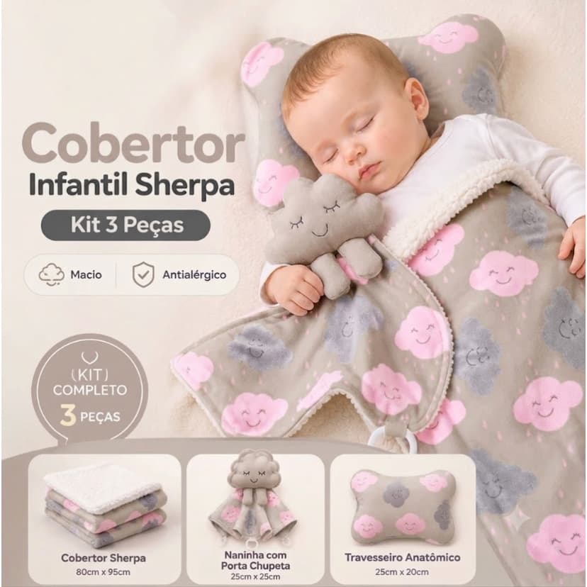 Coberdrom Infantil Sherpa Bebê Kit 3 Peças Naninha Travesseiro Anti-alergico