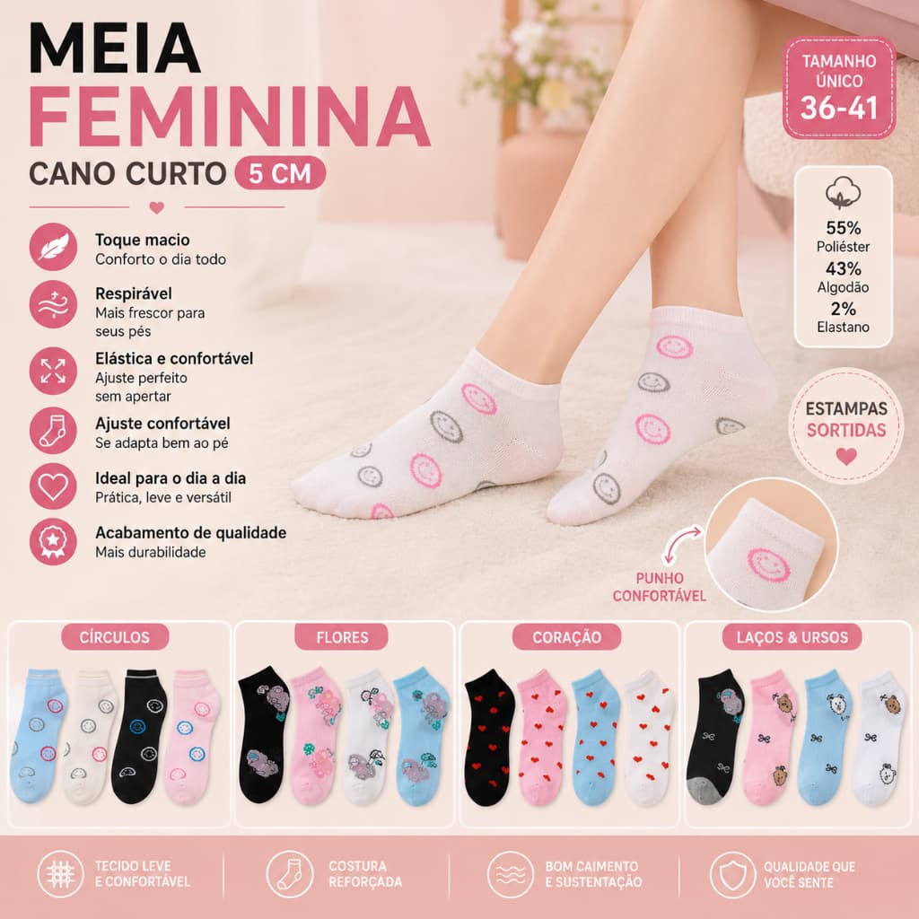 Kit Meias Femininas Cano Curto 5 cm Estampas Fofas Leves Macias para Tênis Uso Diário 36 ao 41