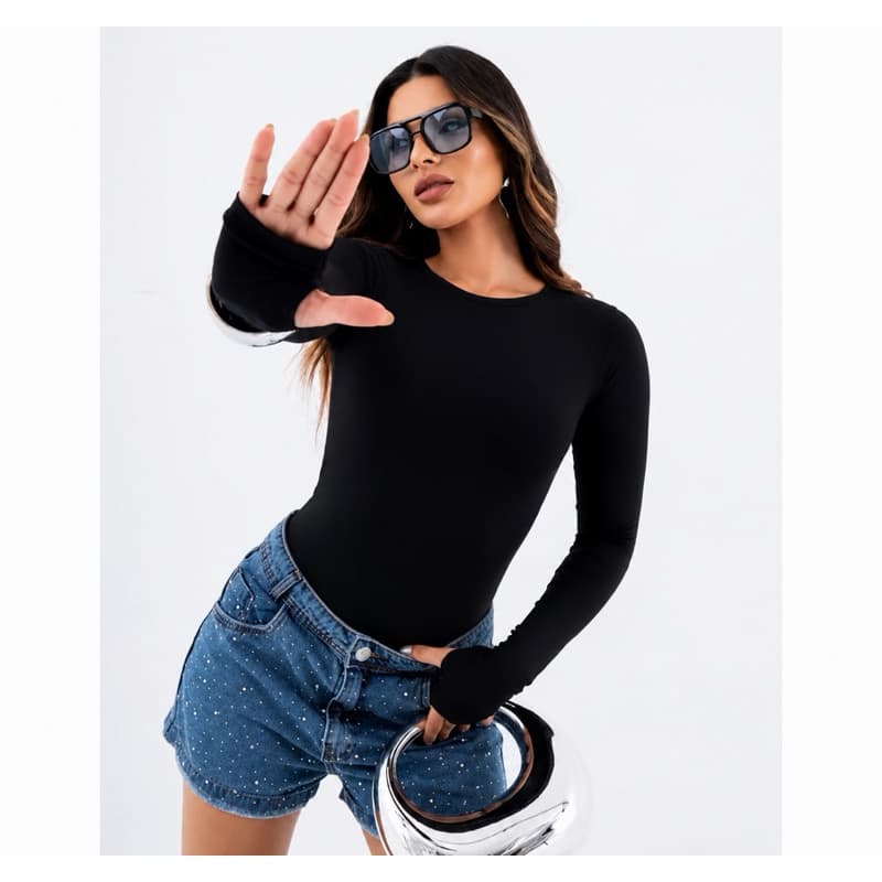 Body feminino manga longa com dedeira e gola redonda suplex
